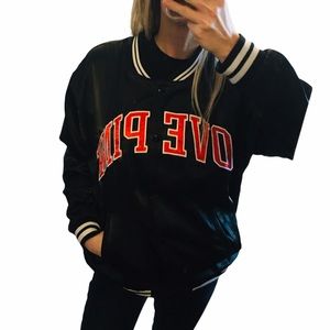 PINK Black Satin Bomber Jacket Coat Love Pink Logo